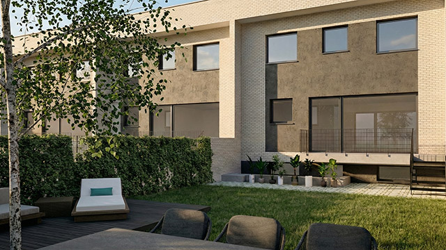 Perspectiva exterior de la urbanización Residencial Francisco Bayeu en Valdemoro. Vista de la hilera de chalets adosados de obra nueva con fachadas de ladrillo visto, rampas de acceso a garaje y zonas ajardinadas en la entrada.