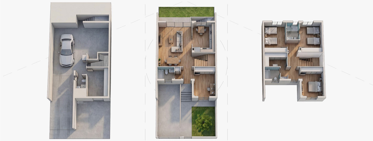 Plano 3D de distribución de chalet de obra nueva en Valdemoro (Modelo V1). Muestra planta sótano con garaje privado, planta baja con salón y salida a jardín, y primera planta con dormitorios. Residencial Francisco Bayeu.