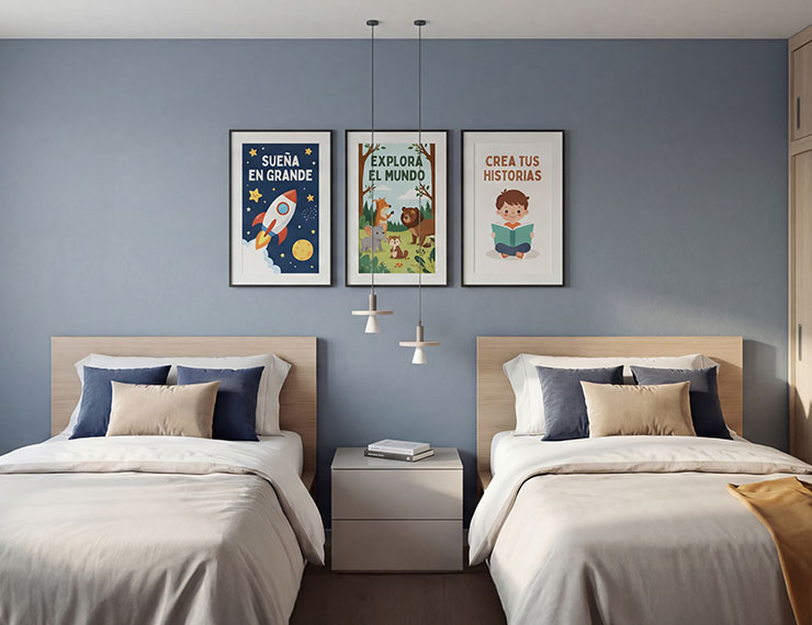 Dormitorio infantil compartido con dos camas y pared azul en chalet de Valdemoro. Decoración acogedora con láminas infantiles inspiradoras, cabeceros de madera y lámparas colgantes de diseño.