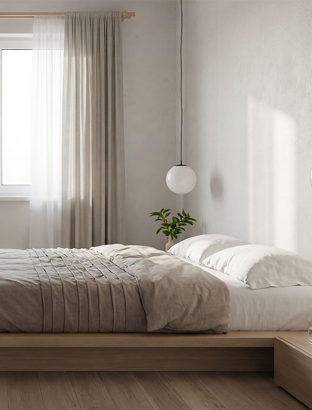 Dormitorio principal de diseño minimalista en chalet de Valdemoro. Cuenta con cama de estructura baja de madera, grandes ventanales con cortinas de lino para máxima luz natural y decoración relajante en tonos neutros.