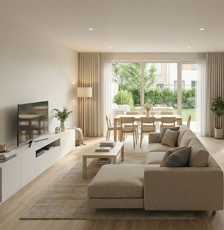 Amplio salón-comedor de diseño nórdico con grandes ventanales correderos y acceso directo al jardín privado. Estancia muy luminosa con zona de estar y comedor integrada en chalet de obra nueva en Valdemoro.