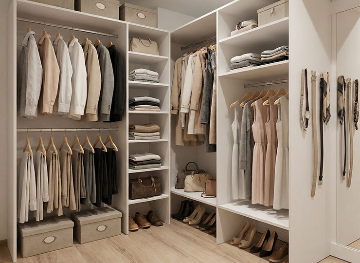 Amplio vestidor abierto (walk-in closet) diseñado a medida con estanterías blancas. Muestra gran capacidad de almacenaje con zonas para colgar ropa, baldas para organización, zapatero y espacio para complementos en dormitorio principal de chalet.